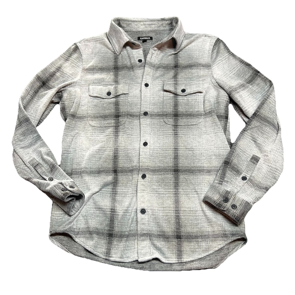 Express Mens Plaid Knit Button Down Shirt M Gray Grunge Classic Slim Fit Casual‎